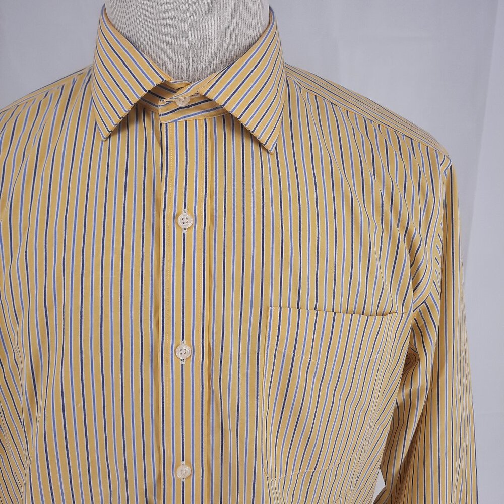Lauren Ralph Lauren Striped Shirt Mens 17 34/35 Long Sleeve Yellow Blue Slim Fit